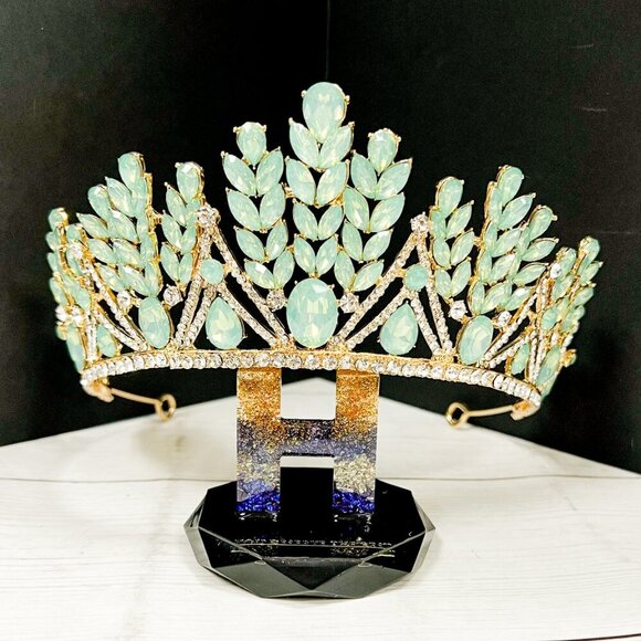 Green Wedding Tiara, Gold Goddess Headband, Princess Crystal Crown, Quinceanera